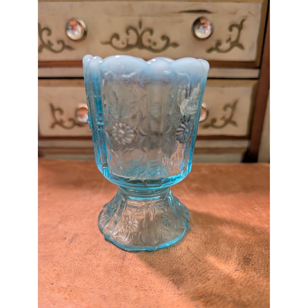 Fenton Blue Opalescent Daisy and Button Scalloped Toothpick Holder Vase